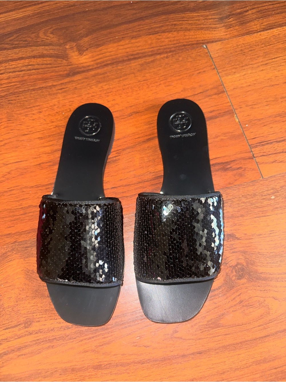 Tory Burch Black Sequin Slide Sandals
